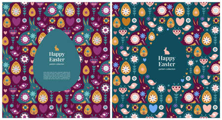 Happy Easter day card postcard rabbit egg flowersのイラスト素材