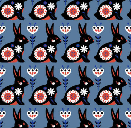 Ethnic folk rabbit flower ornament patternのイラスト素材