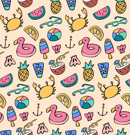Seamless pattern fruits summer icons doodles setのイラスト素材