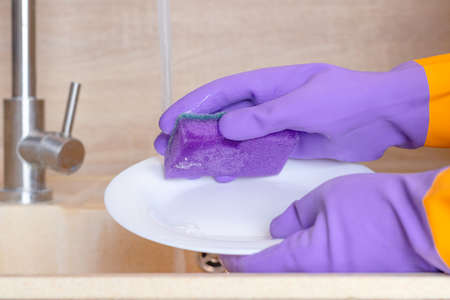 hands in purple rubber gloves are washing a white plate with a purple spongeの写真素材