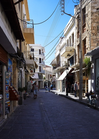 RETHYMNO, GREECE - MAY 27, 2017: Buildings in old town of Rethymno. City is famous for its splendid beaches and venetian architecture, as well as for its interesting cultural life and cuisine.のeditorial素材