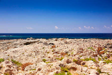 GRAMVOUSA - BALOS, THE CRETE ISLAND, GREECE - JUNE 4, 2019: Beautiful seaview at the beach of the pirate island of Gramvousa. The island is famous for its pirate castle on the top of the mountain.のeditorial素材