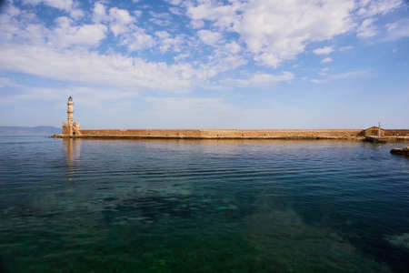 CHANIA, THE CRETE ISLAND, GREECE - MAY, 19, 2018: Chania picturesque harbor at the spring timeのeditorial素材