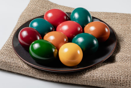 Ceramic plate with easter eggs and sack on white background, stock photo