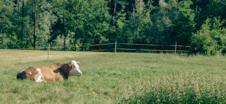 Cow on the meadow in a beautiful forest landscape