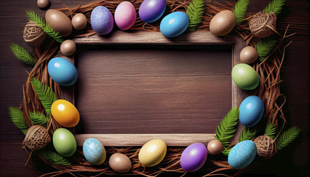 Multi-coloured Easter eggs on dry grass and branches, space for text, generated AI