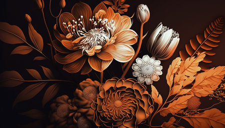 <p>Oil flower painting, botanic print on canvas, greeting card, nature concept. Generated AI.</p>の写真素材