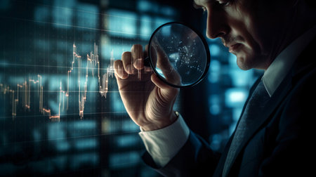 A man with a magnifying glass, user authentication system, technology and cybernetics, cybersecurity, information security, encryption, data protection, Generated AIの素材