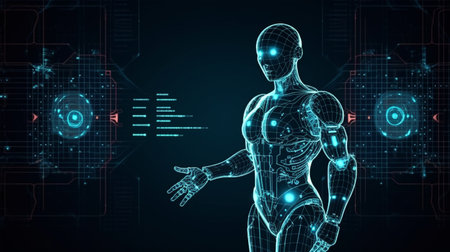 Robot, electronic and digital access, user authentication system, technology and cybernetics, cybersecurity, information security, encryption, data protection, Generated AIの素材