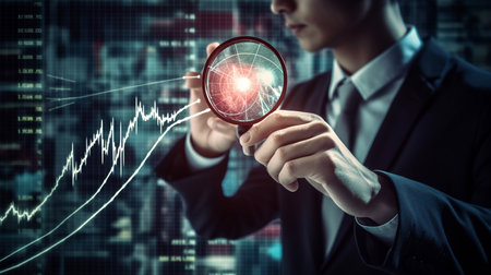 A man with a magnifying glass, user authentication system, technology and cybernetics, cybersecurity, information security, encryption, data protection, Generated AIの素材