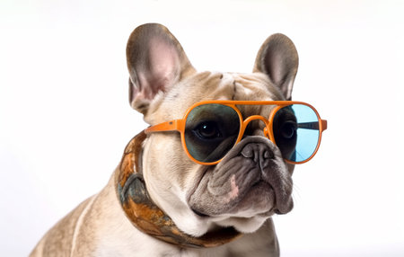 Portrait of a French bulldog with sunglasses on white background, Generated AIの素材