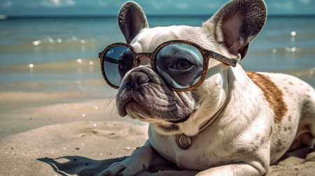 Portrait of a French bulldog with sunglasses on the sea and the beach background, Generated AIの素材