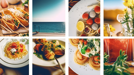 A collage of different dishes, restaurant concept, seafood, Generated AIの素材
