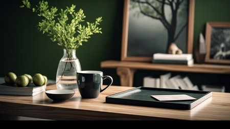 Work table with a cup, a vase, a picture ion green background, Generated AIの素材