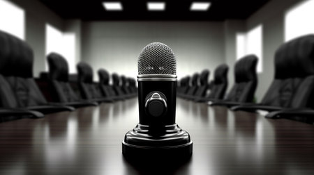 Microphone for presentations and reports in the meeting room in the office or in the factory, copy space, Generated AIの素材