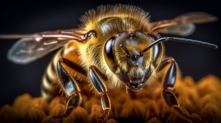 Close-up image of a bee, macro, in a honeycomb, Generated AIの素材