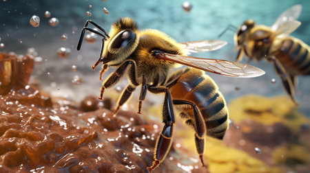 Close-up image of a bee, macro, in a honeycomb, Generated AIの素材