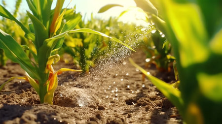 Watering plants and vegetables in the field, drip irrigation, close-up, Generated AIの素材