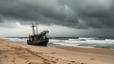 An old abandoned ship on the seashore, Generated AIの素材