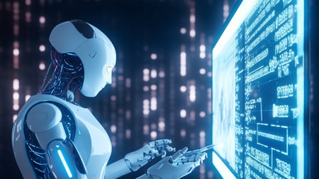 Robot, electronic and digital access, user authentication system, technology and cybernetics, cybersecurity, information security, encryption, data protection, Generated AIの素材