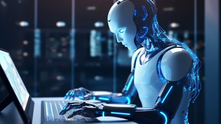 Robot, electronic and digital access, user authentication system, technology and cybernetics, cybersecurity, information security, encryption, data protection, Generated AIの素材