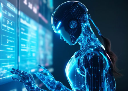 Robot, electronic and digital access, user authentication system, technology and cybernetics, cybersecurity, information security, encryption, data protection, Generated AIの素材