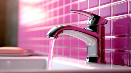 Bathroom design fragment, water faucet and ceramic tiles, close-up, Generated AIの素材