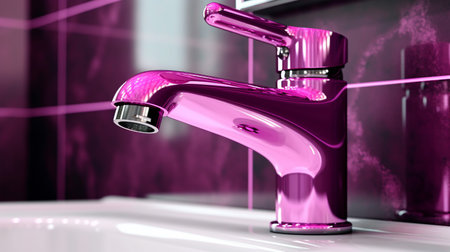 Bathroom design fragment, water faucet and ceramic tiles, close-up, Generated AIの素材