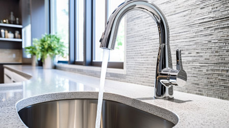 Bathroom design fragment, water faucet and ceramic tiles, close-up, Generated AIの素材