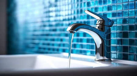 Bathroom design fragment, water faucet and ceramic tiles, green color, close-up, Generated AIの素材