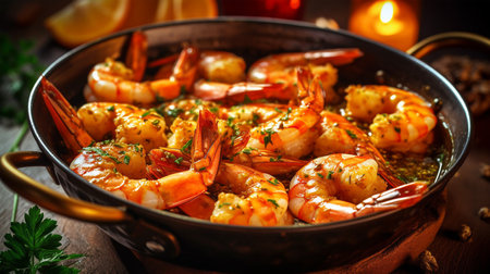 Fried or grilled shrimp with garlic, spices and oil, Generated AIの素材