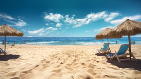 Sun loungers by the sea, a vacation concept, Generated AIの素材