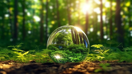 Glass sphere zooming fragment of the forest, environmental protection, ecology, green house, Generated AIの素材