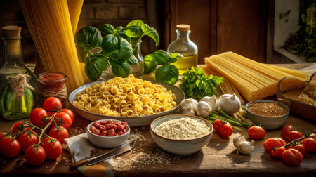 Ingredients for Italian pasta with tomatoes, cheese, garlic, spices, Generated AIの素材