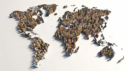 Painting of crowd of people, together, map, concept of the World population day, Generated AIの素材