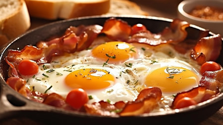 Fried eggs with bacon, breakfast, Generated AIの素材