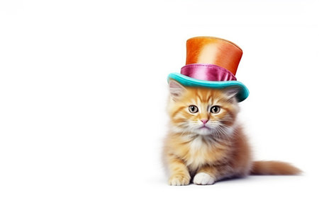 Beautiful cat in hat on white background, copy space, animal protection concept, Generated AIの素材