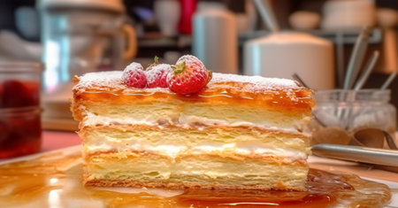 Napoleon cake in a cafe, cafe and restaurant concept, dessert, Generated AIの素材