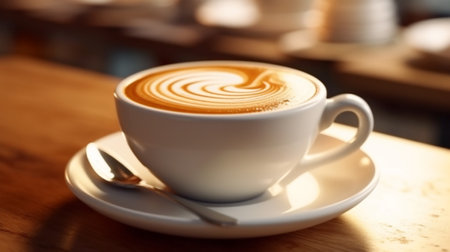 Hot cappuccino coffee with foam on the background of the cafe interior, for menus, flyers and postersの素材