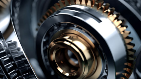 Gear metal wheels, part of machine, production, close-up, movement ahead, future conceptの素材