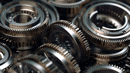 Gear metal wheels, part of machine, production, close-up, movement ahead, future conceptの素材