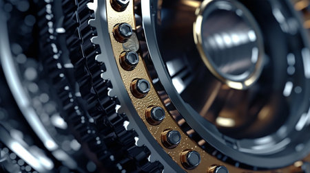 Gear metal wheels, part of machine, production, close-up, movement ahead, future conceptの素材