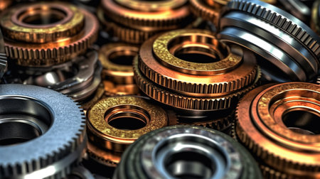 Gear metal wheels, part of machine, production, close-up, movement ahead, future conceptの素材