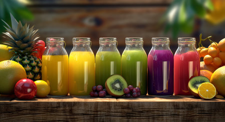 Fresh fruit smoothies in glass bottles, healthy lifestyle and eating, cafe conceptの素材