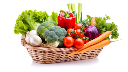 Wicker basket full of fresh vegetables, vegetarian concept, healthy living and nutritionの素材