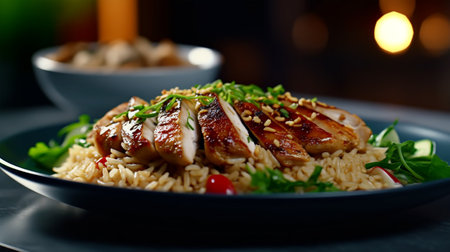 Grilled chicken teriyaki rice on a restaurant background, asian and  chinese foodの素材