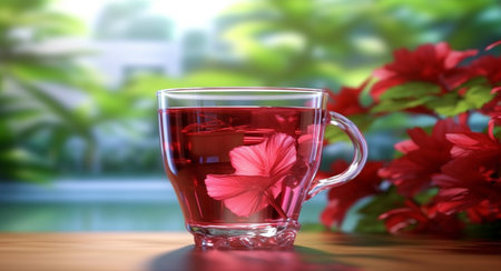 Hot tea with hibiscus in a glass cup, flower petals and splashes, healthy drink, tea ceremonyの素材
