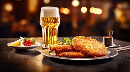 Viennese schnitzel with garnish on a plate at restaurant, national Austrian cuisine, lifestyle, tourismの素材