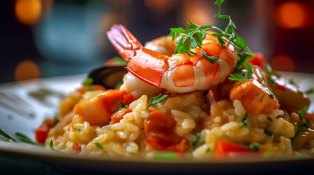 Traditional Italian risotto with seafood, shrimps and mussels, tomatoes and spices, healthy eating concept, Mediterranean cuisineの素材