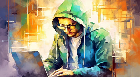 Hipster or hacker at open laptop sitting at desk in hoodie, internet security conceptの素材